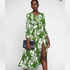 Reformation Green Floral Midi Dress with White Print and Side Slit
